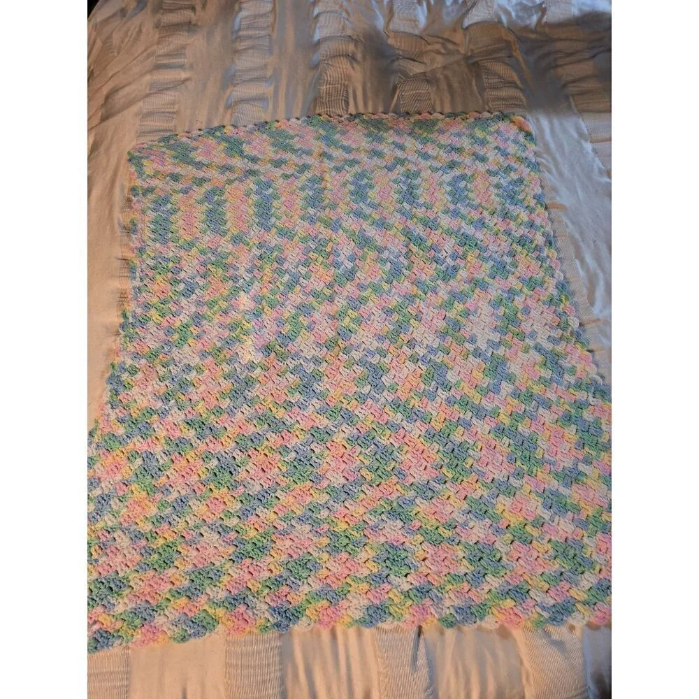 Vintage Handmade Spring Pastel Pink Blue Crochet Throw Blanket